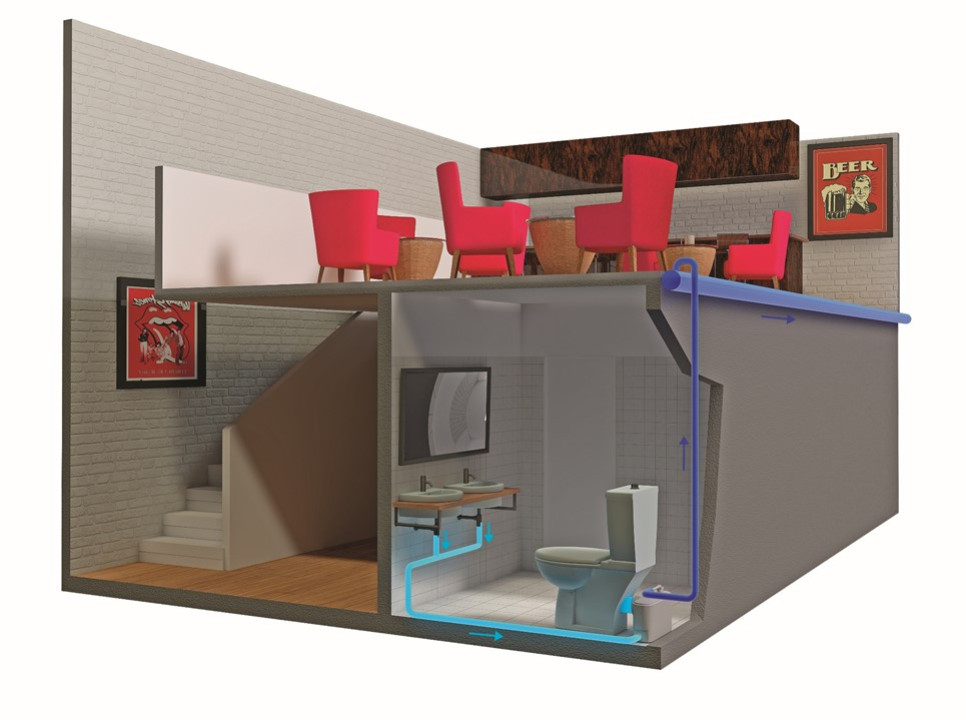 Sanibest Pro : Vertical discharge of washroom wastewater from a basement to the upper main drain